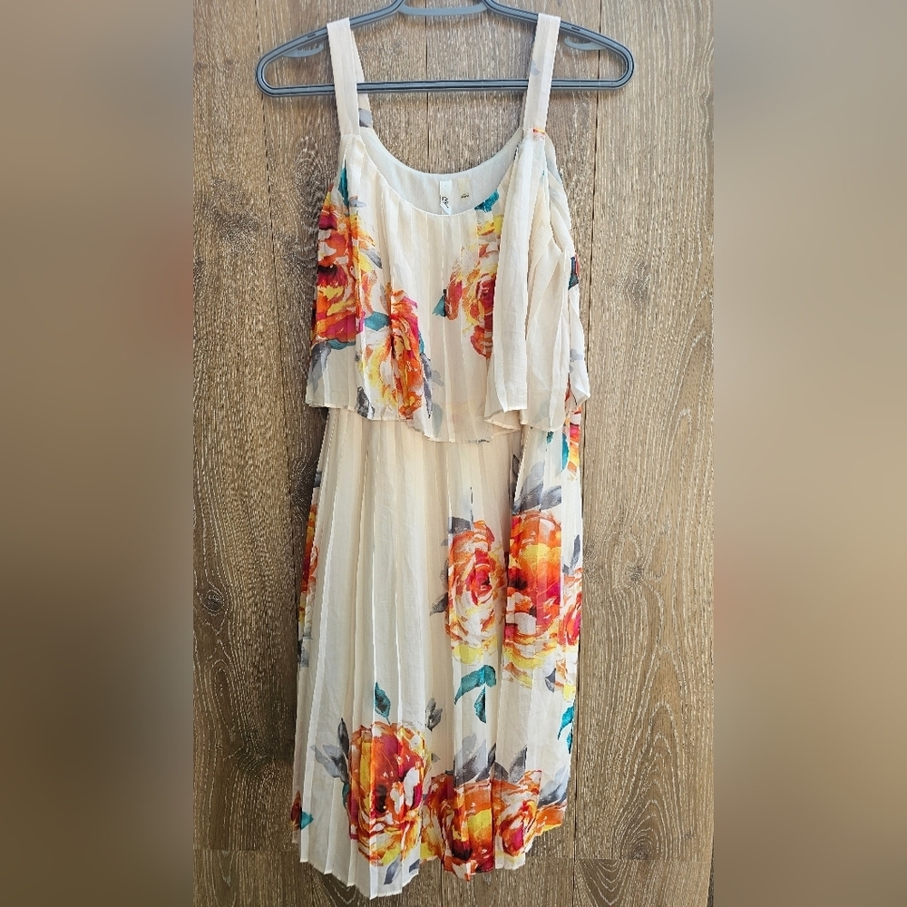Floral Chiffon Dress with Cape Overlay Pleated Flowy Tiered Large